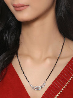 Yellow Chimes - Silver Toned Ad Studded Black Beads Mangalsutra for Women