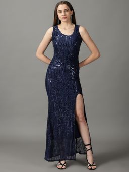 SHOWOFF - Womens Embellished Round Neck Navy Blue Maxi Dress