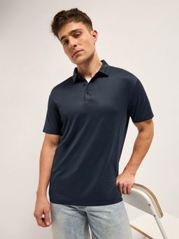 The Bear House - Blue Men Solid Slim Fit Performance Polo T-Shirt