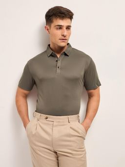 The Bear House - Khaki Men Solid Slim Fit Performance Polo T-Shirt