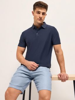 The Bear House - Navy Blue Men Solid Slim Fit Performance Polo T-Shirt
