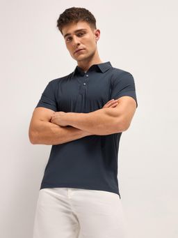The Bear House - Blue Men Solid Slim Fit Quick Dry Performance Polo T-Shirt
