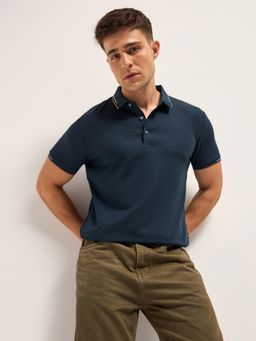 The Bear House - Blue Men Solid Slim Fit Performance Polo T-Shirt