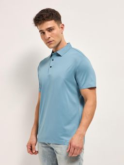 The Bear House - Blue Men Solid Slim Fit Performance Polo T-Shirt