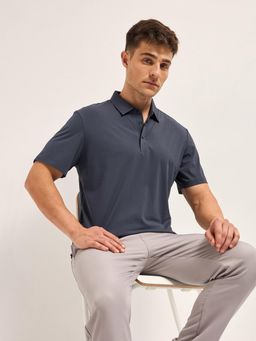 The Bear House - Navy Blue Men Solid Slim Fit Performance Polo T-Shirt