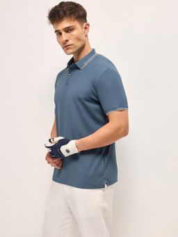 The Bear House - Blue Men Solid Slim Fit Performance Polo T-Shirt