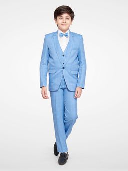 Jeetethnics - Boys Blue Checked Coat Suit With Waistcoat Shirt & Trousers (Set of 5)