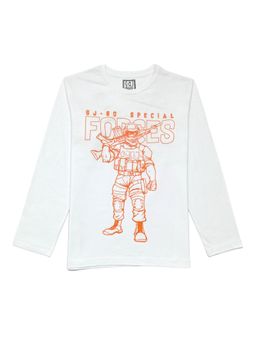 Gini & Jony - Boys White Cotton Printed Full Sleeves T-shirt