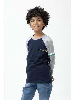 Purple United Kids - Boys Navy Blue Cotton Colorblock Full Sleeves Round Neck T-Shirt