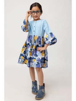 Purple United Kids - Girls Blue Cotton Floral Bell Sleeves Round Neck Knee Length Dress
