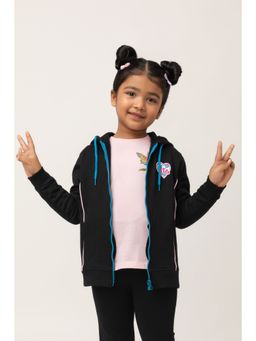 Purple United Kids - Girls Black Cotton Solid Full Sleeves Hooded Bomber Jacket