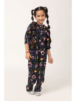 Purple United Kids - Girls Black Crepe Floral Three Fourth Sleeves Ruffled Neck Jumpsuit