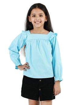 Purple United Kids - Girls Blue Cotton Solid Full Sleeves Square Neck Top