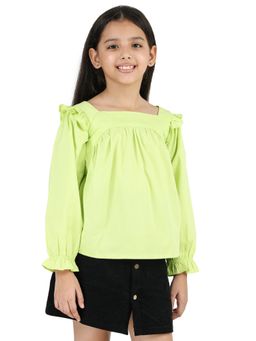 Purple United Kids - Girls Green Cotton Solid Full Sleeves Square Neck Top