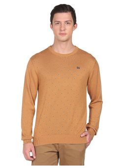 Arrow Sports - Men Mustard Crew Neck Patterned Knit Sweater