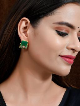 Silvermerc Designs - Gold Plated & Green Stone Studded Square Shape Meenakari Stud Earrings