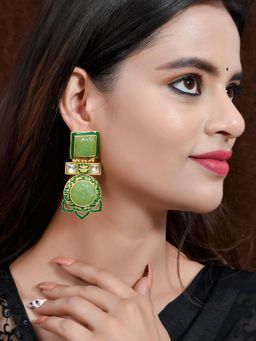 Silvermerc Designs - Gold Plated & Green Stone Studded Square Shape Drop Earrings