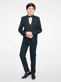 Jeetethnics - Boys Green Coat Suit With Waistcoat Shirt & Trousers (Set of 5)