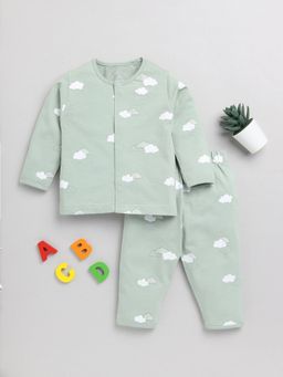 Clt.s - Kids Graphic Print Green Cotton Full Sleeve Night Suit (Set of 2)
