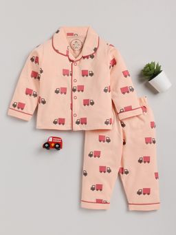 Clt.s - Kids Graphic Print Peach Full Sleeve Cotton Night Suit (Set of 2)