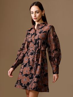 Kazo - Brown Floral Collar Neck Moxie Mini Dress