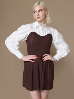 Kazo - Brown Solid Collar Neck Mini Dress