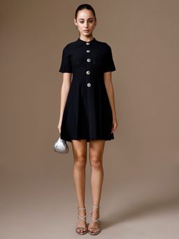 Kazo - Black Solid Collar Neck Nouba Mini Dress