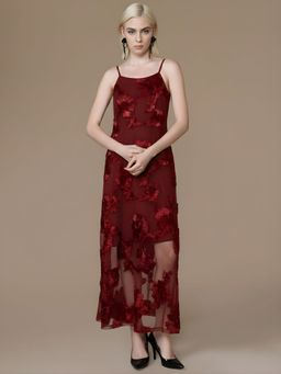 Kazo - Red Embroidered Shoulder Straps Lush Midi Dress