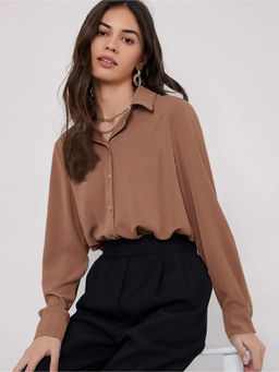 Fnocks - Women Solid Brown Cotton Blend Formal Shirt