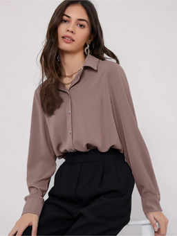 Fnocks - Women Solid Beige Cotton Blend Formal Shirt