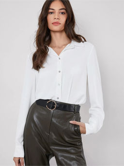 Fnocks - Women Solid White Cotton Blend Formal Shirt
