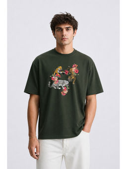 MISCHIEF MONKEY - Men Olive Oversized T-Shirt