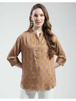 Monte Carlo - Womens Printed Band Neck Tunic Top - Khaki