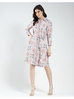 Monte Carlo - Womens Printed Collar Neck Knee Length Dress with Belt - Grey (Set of 2)