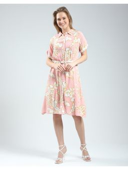 Monte Carlo - Womens Floral Printed Collar Neck Knee Length Dress with Belt - Pink (Set of 2)