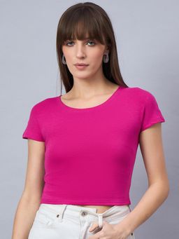 98 Degree North - Women Solid Round Neck Cotton Crop Top - Pink
