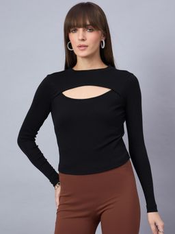 98 Degree North - Cotton Solid High Neck Styled Back Top - Black