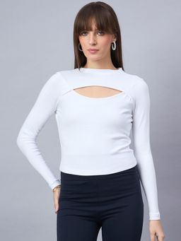 98 Degree North - Cotton Solid High Neck Styled Back Top - White