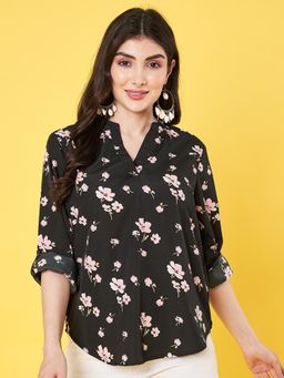 ANVI Be Yourself - Women Floral Printed Black Mandarin Neck Crepe Regular Tunic Top - Black
