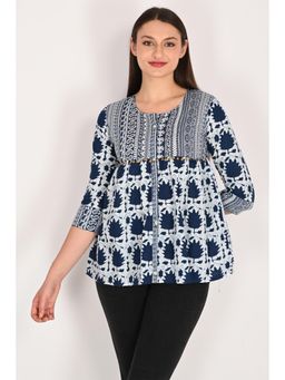 Rajnandini - Womens Navy Blue Pure Cotton Jaipuri Printed Short Tunic Top - Navy Blue