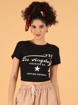 NOBARR - Womens Black Crop T-shirt - Los Angeles Print - Black