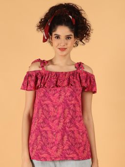 NOBARR - Womens Off-Shoulder Ruffle Top - Pink Leaf Print | 100% Viscose - Pink
