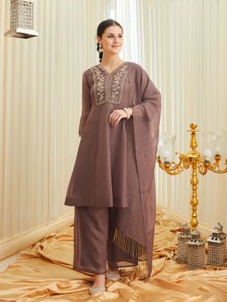 MOKOSH - Brown Silk Embroidered Anarkali Kurta and Palazzo with Dupatta