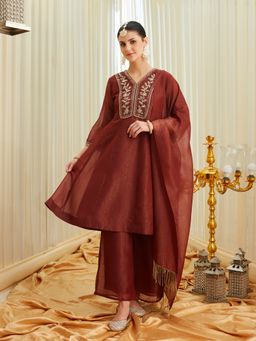 MOKOSH - Maroon Silk Embroidered Anarkali Kurta and Palazzo with Dupatta