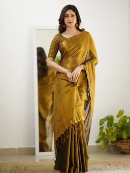 Trendmalls - Gold Saree with Unstitched Blouse