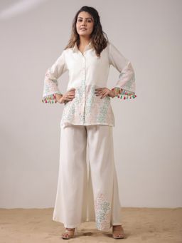 SPAN - Women White Silk Embroidered Shirt with Palazzo