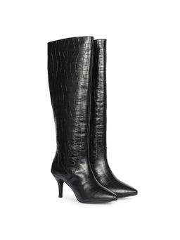 Saint G - Women Croco Embossed Black Leather Long Casual Boots