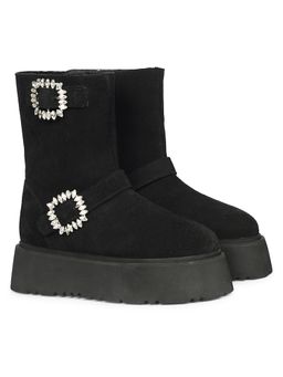 Saint G - Women Black Suede Leather Buckle Boots