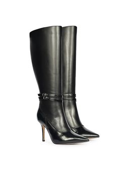 Saint G - Women Buckle Decor Black Leather Long Casual Boots