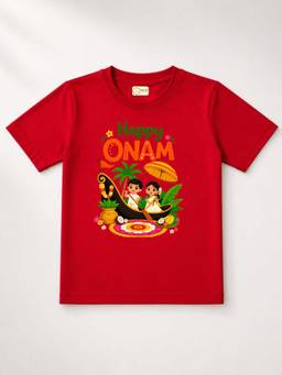 MALKIAT - Red Onam Printed Pure Cotton T-Shirt